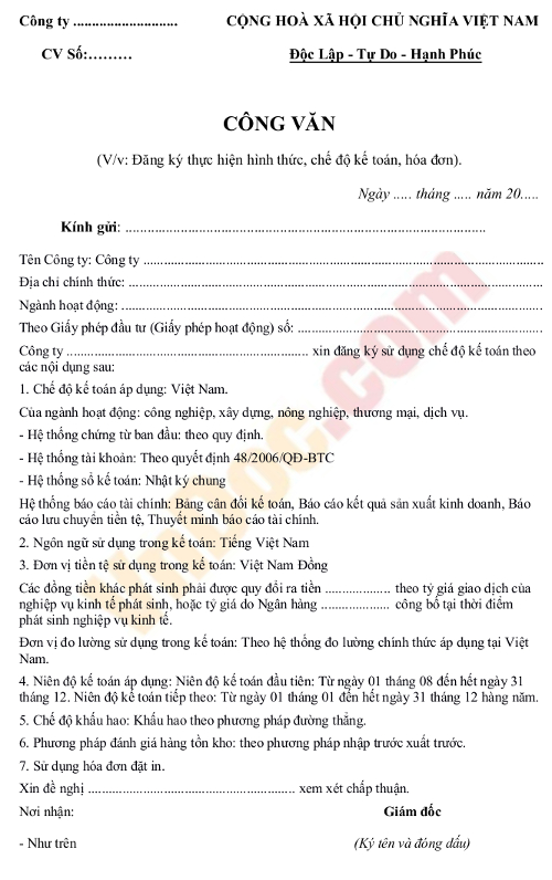 Mẫu công văn đăng ký thực hiện hình thức, chế độ kế toán, hóa đơn