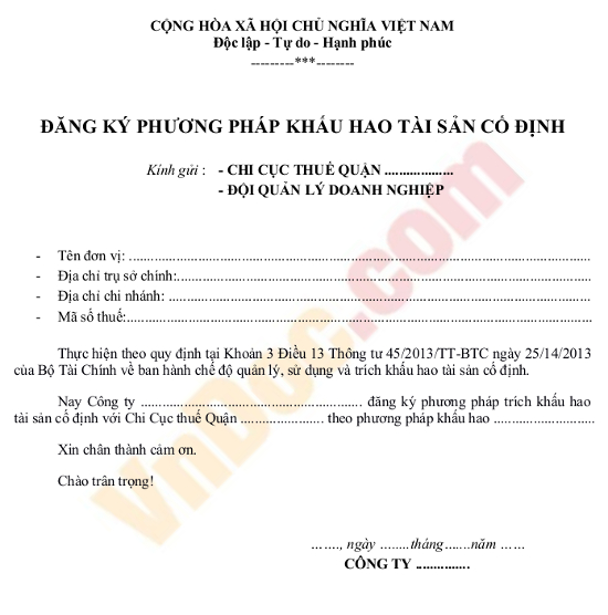 Mẫu đăng ký phương pháp khấu hao tài sản cố định