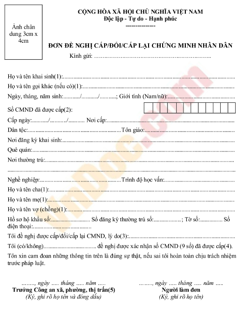 Mẫu đơn đề nghị cấp, đổi, đổi lại chứng minh nhân dân - Mẫu CMND01