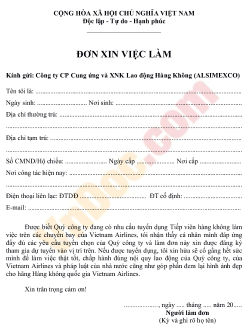Mẫu đơn xin việc làm tiếp viên hàng không Vietnam Airlines