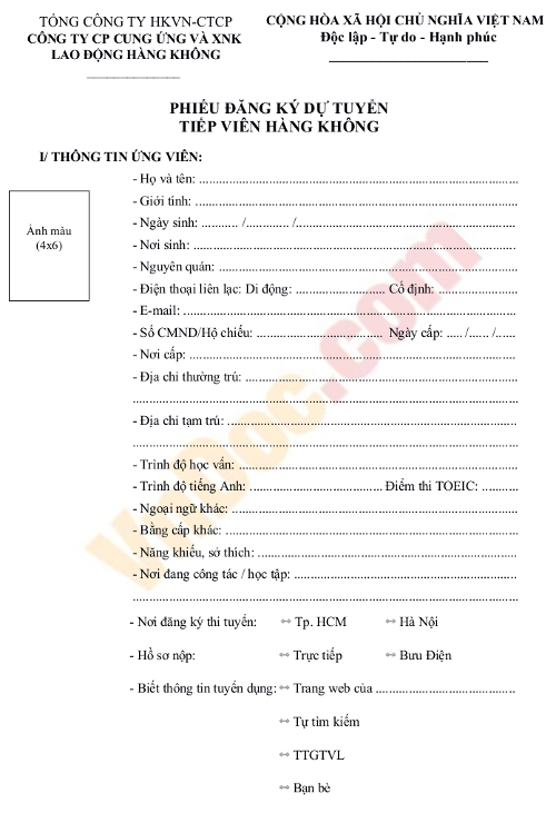 Mẫu phiếu đăng ký dự tuyển tiếp viên hàng không Vietnam Airlines