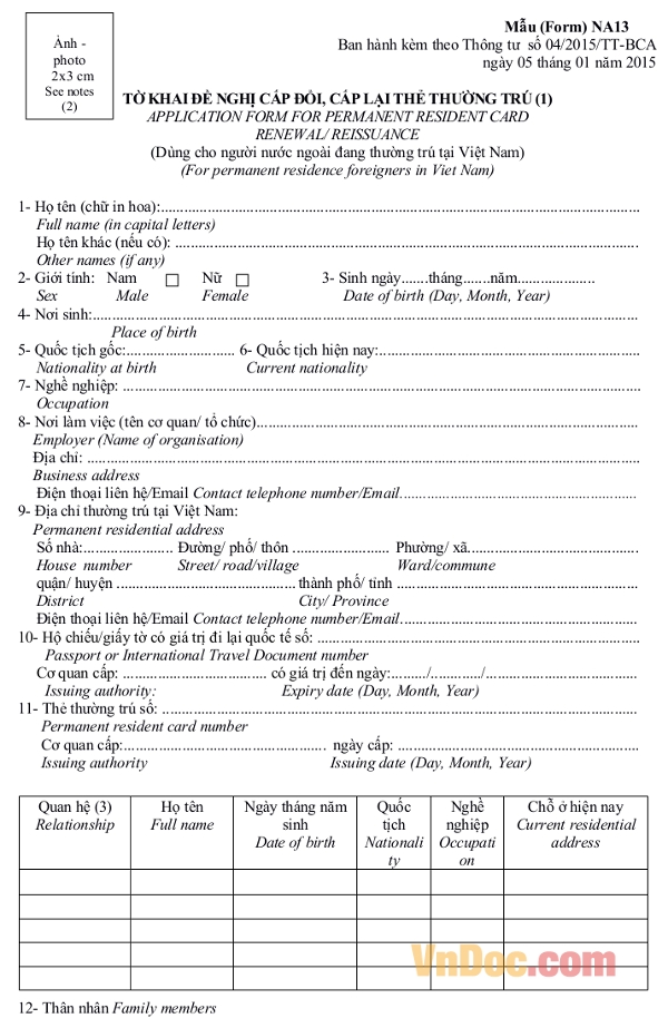 Mẫu NA13 - Tờ khai cấp đổi, cấp lại thẻ thường trú cho người nước ngoài ở Việt Nam