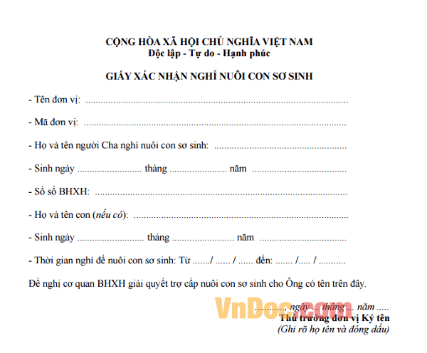 Giấy xác nhận nghỉ nuôi con sơ sinh năm 2016