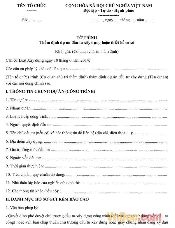 Mẫu tờ trình thẩm định dự án đầu tư xây dựng công trình