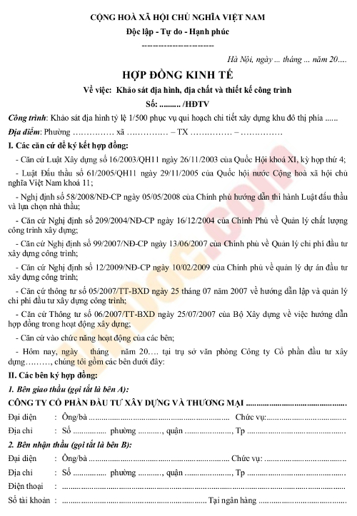 Mẫu hợp đồng kinh tế khảo sát địa hình, địa chất và thiết kế công trình