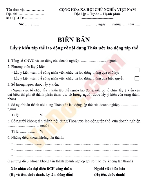 Biên bản lấy ý kiến tập thể lao động về nội dung Thỏa ước lao động tập thể