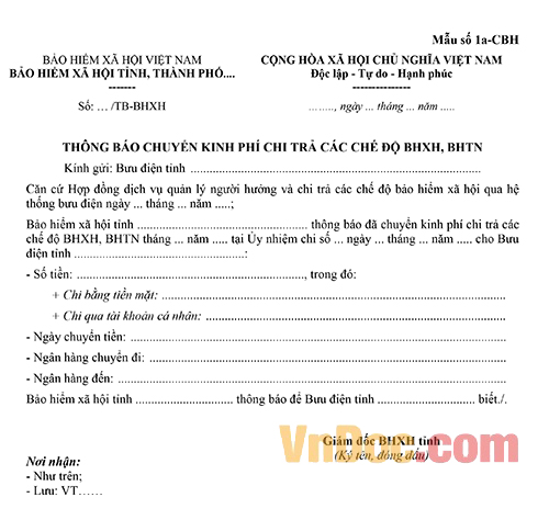 Mẫu 1a-CBH: Thông báo chuyển kinh phí chi trả các chế độ BHXH, BHTN
