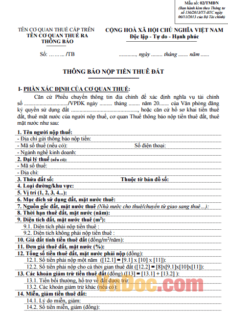 Mẫu số: 02/TMĐN - Thông báo nộp tiền thuê đất Mẫu số 02/TMĐN