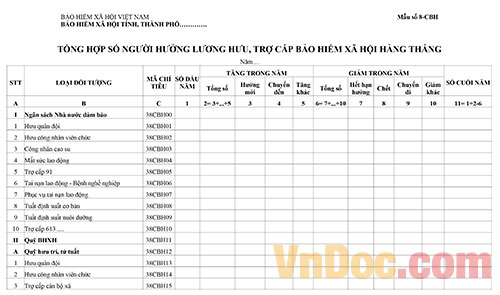 Mẫu số 8-CBH: Tổng hợp số người hưởng lương hưu, trợ cấp bảo hiểm xã hội hàng tháng