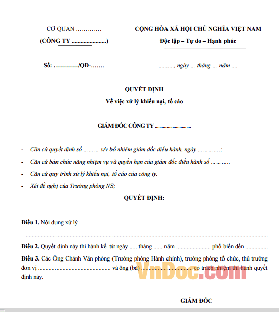 Mẫu quyết định về việc tố cáo khiêú nại mới Mẫu quyết định về việc tố cáo khiêú nại