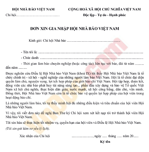 Mẫu đơn xin gia nhập Hội nhà báo Việt Nam