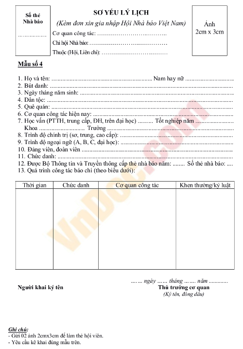 Sơ yếu lý lịch xin gia nhập Hội nhà báo Việt Nam