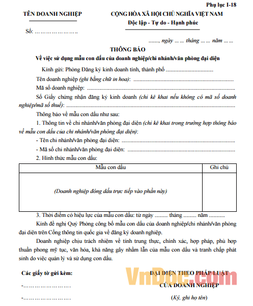 Mẫu thông báo sử dụng mẫu con dấu của doanh nghiệp