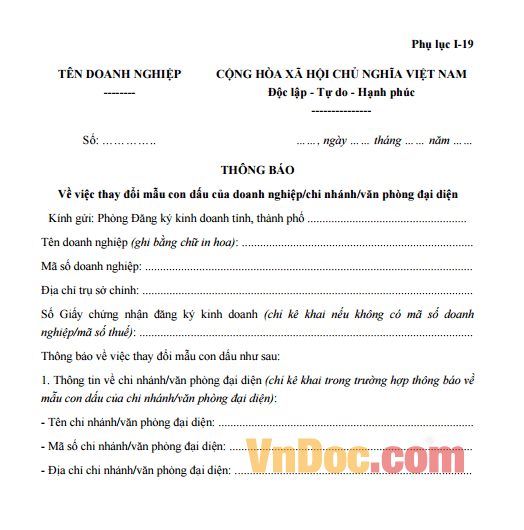 Mẫu thông báo thay đổi mẫu con dấu của doanh nghiệp