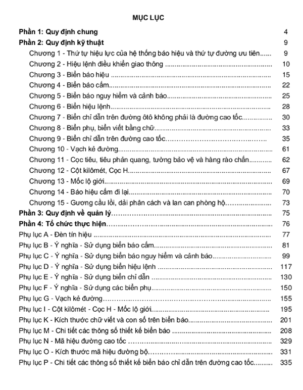 Mục lục của Quy định kỹ thuật về giao thông 