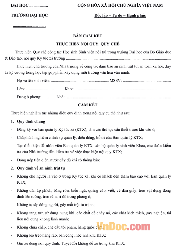 Mẫu cam kết thực hiện nội quy, quy chế cho sinh viên