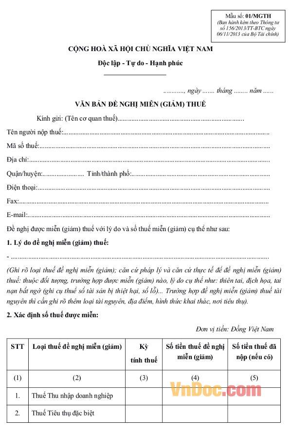 Mẫu văn bản đề nghị miễn (giảm) thuế
