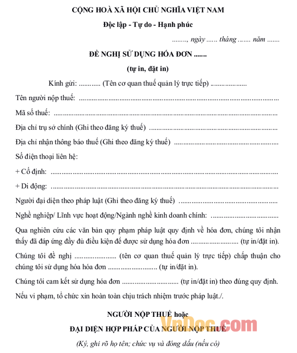 Mẫu đơn đề nghị sử dụng hóa đơn GTGT đặt in mới 