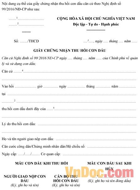 Mẫu giấy chứng nhận thu hồi con dấu
