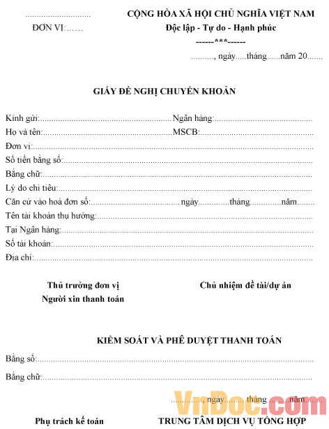 Giấy đề nghị chuyển khoản Mẫu giấy đề nghị chuyển khoản