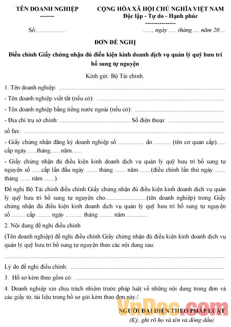 Đơn đề nghị điều chỉnh giấy chứng nhận đủ điều kiện kinh doanh dịch vụ quản lý quỹ hưu trí bổ sung tự nguyện