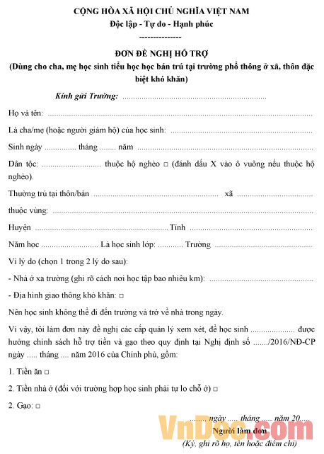 Đơn đề nghị hỗ trợ học sinh tiểu học bán trú đặc biệt khó khăn