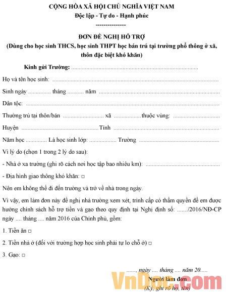 Đơn đề nghị hỗ trợ học sinh THCS, THPT học bán trú đặc biệt khó khăn