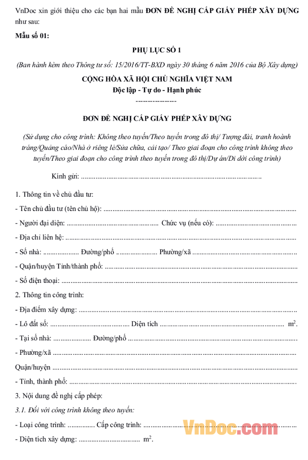 Mẫu đơn đề nghị cấp giấy phép xây dựng