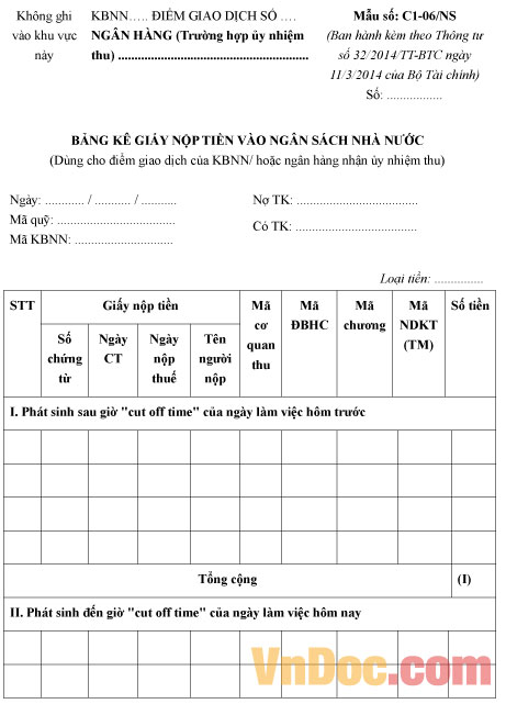 Bảng kê giấy nộp tiền vào ngân sách nhà nước