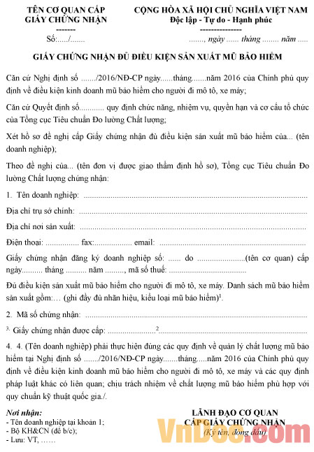 Giấy chứng nhận đủ điều kiện sản xuất mũ bảo hiểm