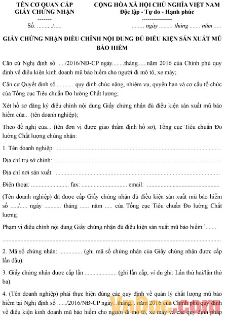 Giấy chứng nhận điều chỉnh nội dung đủ điều kiện sản xuất mũ bảo hiểm