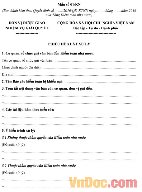 Phiếu đề xuất xử lý khiếu nại của đơn vị được kiểm toán