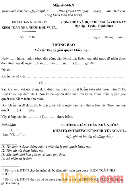 Giấy thông báo thụ lý giải quyết khiếu nại