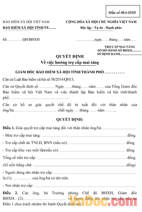 Quyết định về việc hưởng trợ cấp mai táng