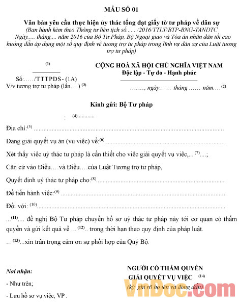 Mẫu văn bản yêu cầu thực hiện ủy thác giấy tờ tư pháp về dân sự Văn bản yêu cầu thực hiện ủy thác giấy tờ tư pháp về dân sự