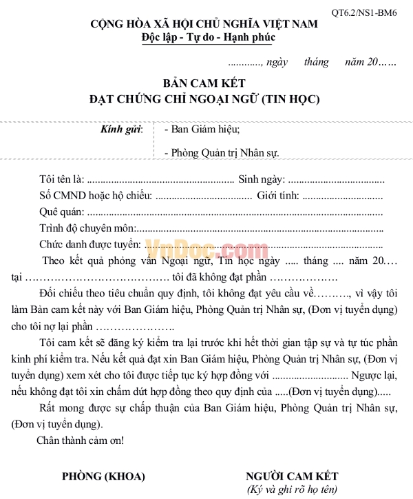 Bản cam kết đạt chứng chỉ Ngoại ngữ - Tin học
