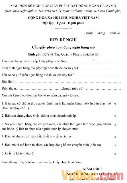 Đơn đề nghị cấp giấy phép hoạt động ngân hàng mô