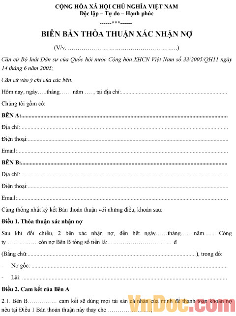 Biên bản thỏa thuận xác nhận nợ