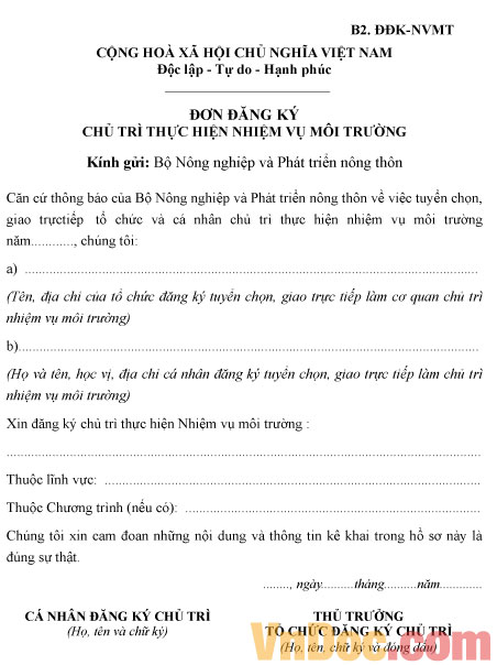 Đơn đăng ký chủ trì thực hiện nhiệm vụ môi trường