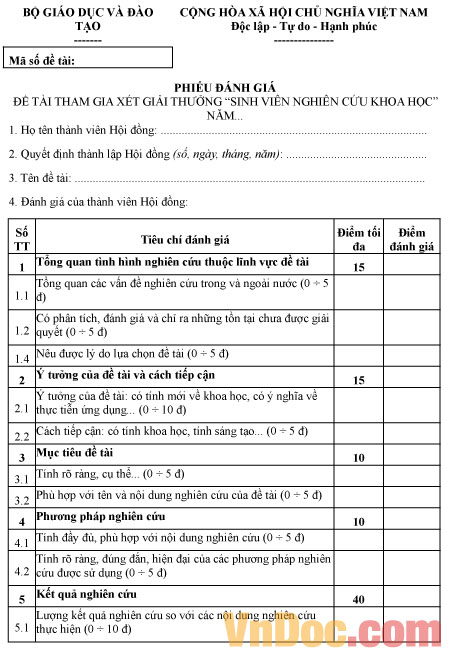 Phiếu đánh giá đề tài