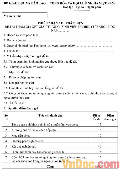 Phiếu nhận xét phản biện