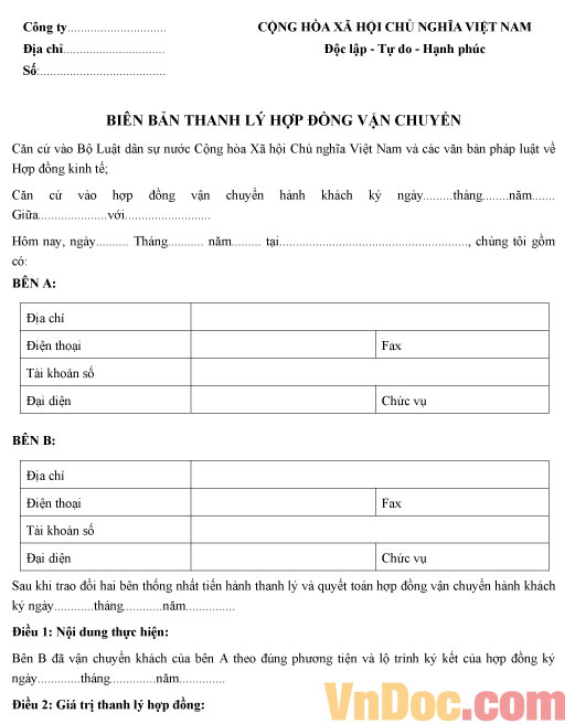 Biên bản thanh lý hợp đồng vận chuyển