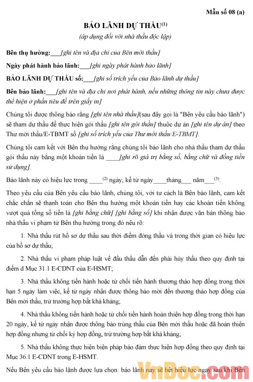 Mẫu bảo lãnh dự thầu