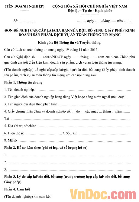 Đơn đề nghị cấp/cấp lại/gia hạn giấy phép kinh doanh dịch vụ an toàn thông tin mạng