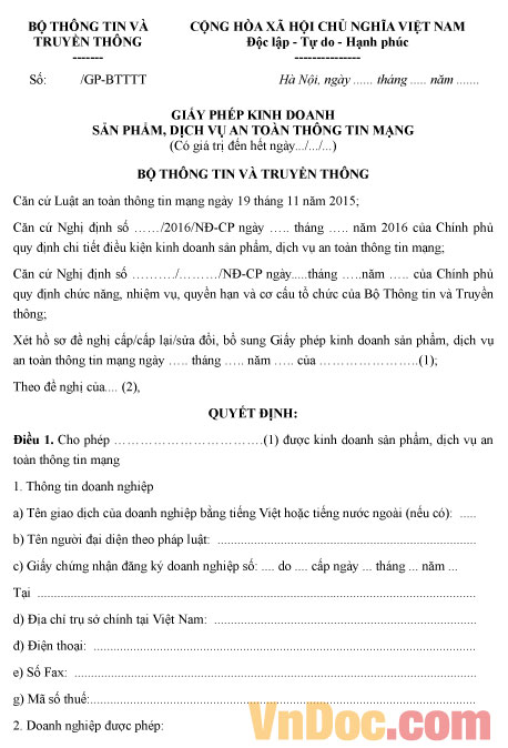 Mẫu giấy phép kinh doanh dịch vụ an toàn thông tin mạng