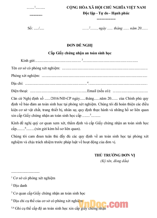 Đơn đề nghị cấp giấy chứng nhận an toàn sinh học 