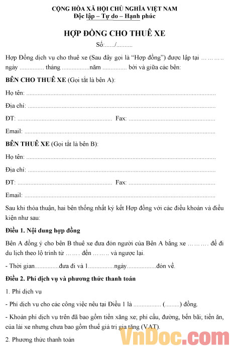 Hợp đồng cho thuê xe