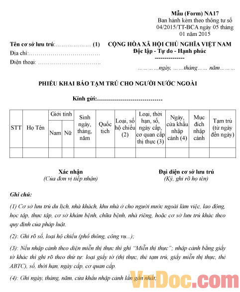 Mẫu NA17: Phiếu khai báo tạm trú dành cho người nước ngoài - Registration card of stay