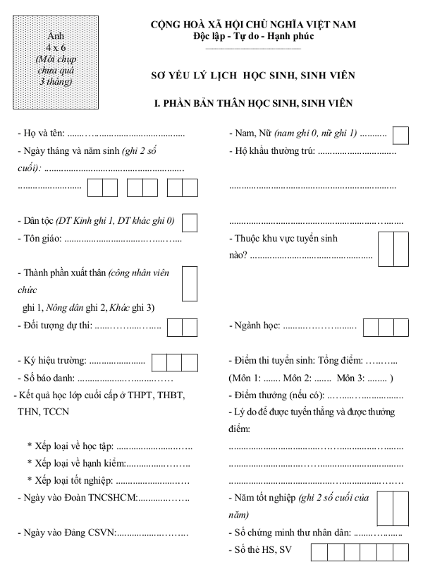 Mẫu đơn sơ yếu lý lịch học sinh, sinh viên