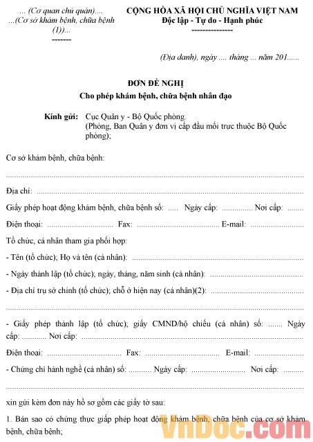 Mẫu đơn đề nghị cho phép khám bệnh, chữa bệnh nhân đạo Đơn đề nghị cho phép khám bệnh, chữa bệnh nhân đạo